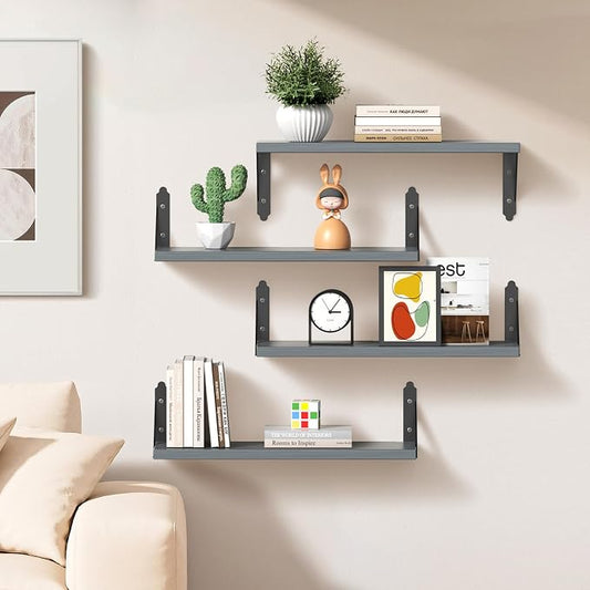 ROMGUAR CRAFT Wood Floating Shelves Set of 4, Rustic Storage Decor Wall Shelves, Wall Mounted Shelf for Living Room, Bedroom 17" x 6", Grey