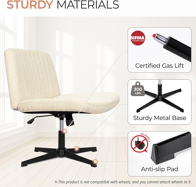 Orange Factory Criss Cross Chair No Wheel Wide Cross Legged Office Desk Vanity Chair Comfy Fabric Armless Adjustable Swivel for Home Computer Task (Beige No Wheel, Classic Fabric)