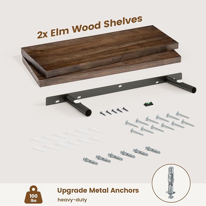 Floating Shelves for Wall Decor, 8" Deep Solid Elm Wood Floating Shelves Wall Mounted, Rustic Wall Shelves with Invisible Bracket for Living Room Bathroom Bedroom Kitchen, 24 Inch Set of 2, Walnut