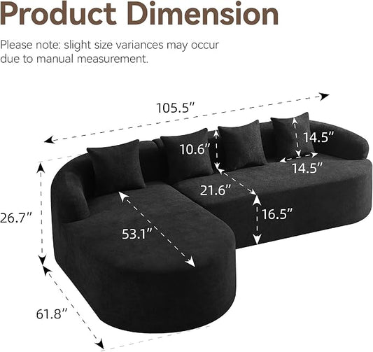 105.5" Boneless Curved Couch, L Shaped 4-Seater Cloud Couch with Deep Seat Chaise, Oversized Curved Sofa, Modular Sectional Couches for Living Room, No Assembly Needed, Black