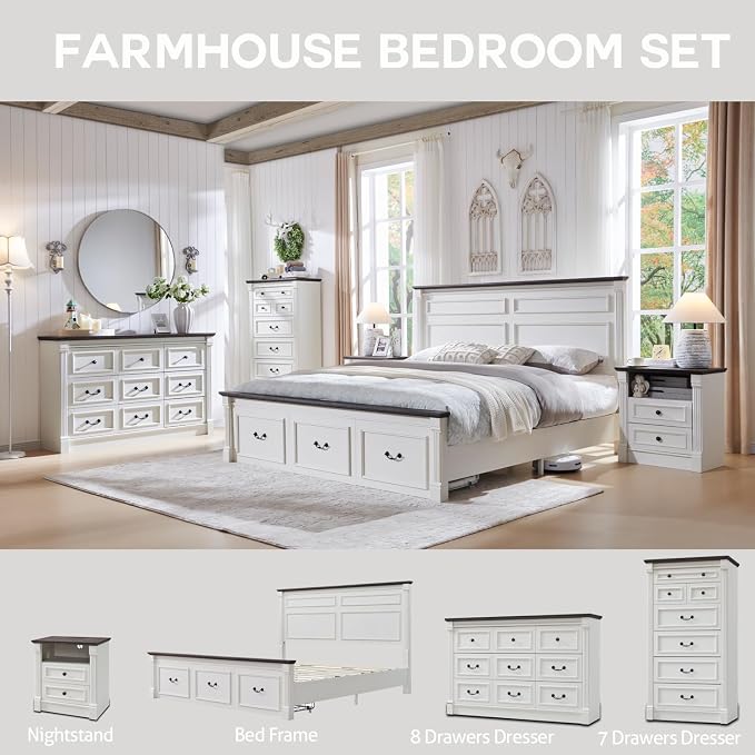 Aitjunz Farmhouse King Size Bed Frame with 51" Tall Headboard, Wood Platform Bed Frame with 20" Tall Roman Column Decoration Footboard & 3 Large Storage Drawers, No Box Spring Needed (White)