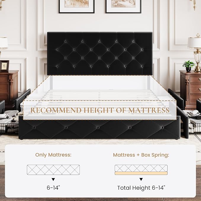 SHA CERLIN Queen Platform Bed Frame with 4 Oversized Storage Drawers, Adjustable Headboard with Velvet Upholstery, Diamond Button Tufted Design, Wooden Slat Support, No Box Spring Needed, Black