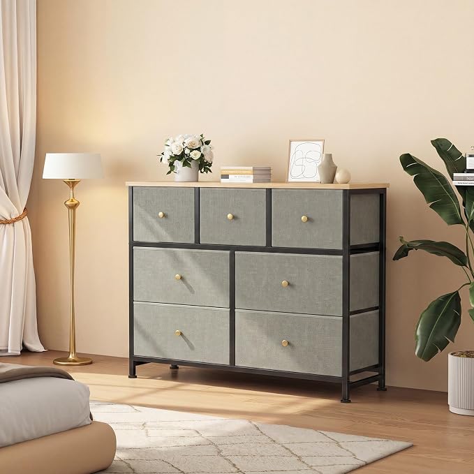 OLIXIS 7 Drawer Dresser for Bedroom, Tall Fabric Storage Tower with Sturdy Steel Frame and Wooden Top, Large Dresser for Living Room Entryway with Easy Pull Fabric Bins,Dark Green