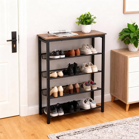 5-Tier Shoe Rack, Tall Industrial Shoe Organizer with Metal Mesh Shelves, Free-Standing Storage Rack for Entryway, Closet, or Bedroom, Rustic Brown and Black