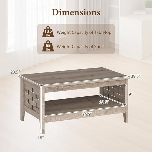 Giantex Farmhouse Coffee Table, 2-Tier Center Table with Storage Open Shelf & Woven Slatted Design, 39.5" Rectangular Accent Cocktail Table, Wood Coffee Tables for Living Room (Rustic Oak)