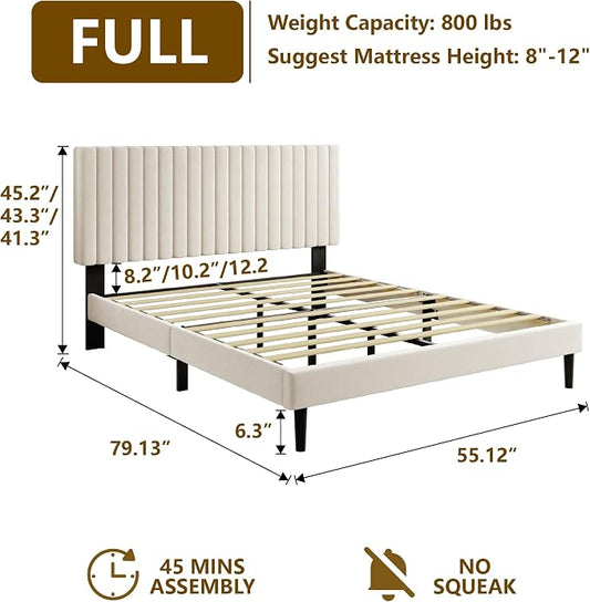 Sismplly Full Size Bed Frame with Velvet Upholstered Headboard, Platform Bed with Strong Wood Slats, Mattress Foundation, Box Spring Optional, Easy Assembly, Beige