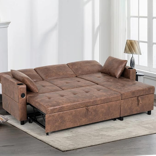 84" L-Shape Pull Out Sofa Bed with Adjustable Backrest, Upholstered Sectional Sleeper Sofa with Storage Chaise, Suede Leather Reversible Couch Bed with USB Port for Living Room, House, Brown