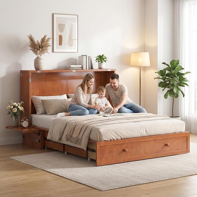 Mjkone Queen Murphy Bed Cabinet with Tri-Fold Mattress Included, Storage & Charging Station & Headboard Side Panel, 63"W Wood Murphy Cabinet Chest Beds, Guest Wall Bed for Living Room, Bedroom, Cherry