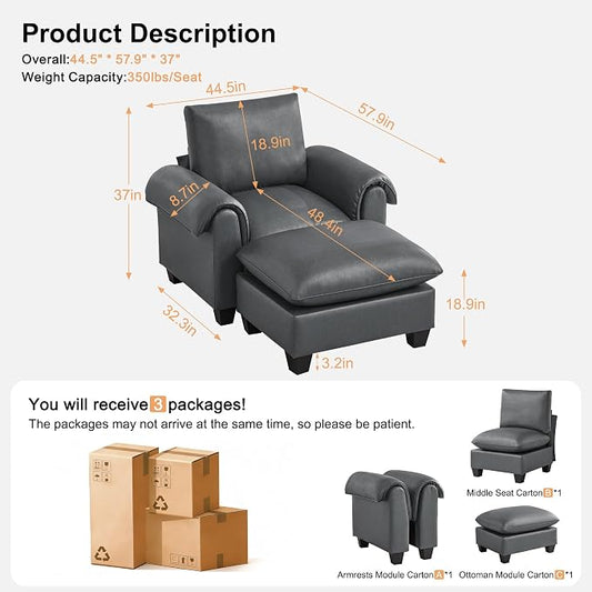 44.5" Faux Leather Single Sofa with Movable Ottoman, Oversized Accent Chair with Curved Armrests, Cloud Modern Sofa Upholstered Reading Lounge Armchair for Living Room, Bedroom,Grey