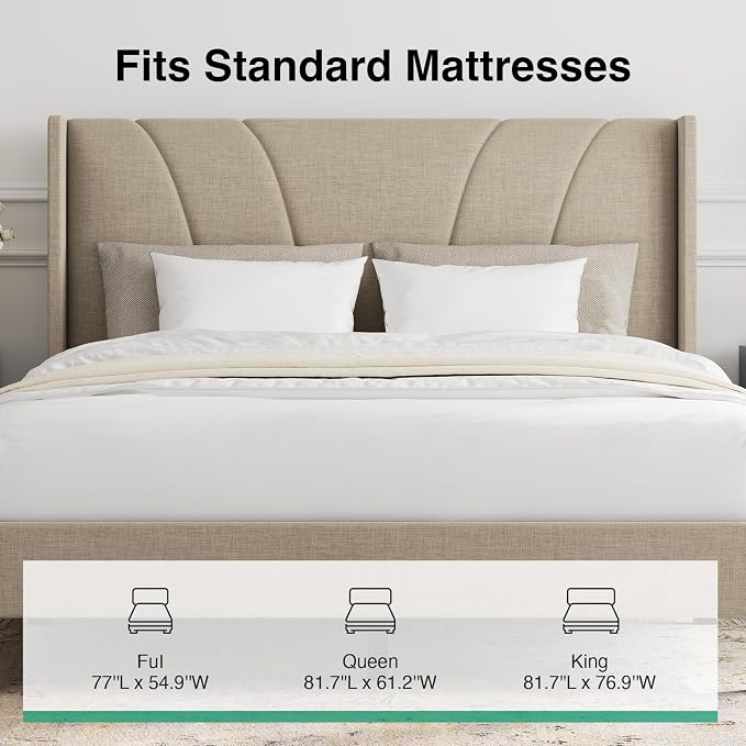 Novilla Full Size Bed Frame, Full Bed Frame with Headboard, Linen Upholstered Wing Side Headboard, No Box Spring Needed, Heavy Duty Feet, Easy Assembly, Beige