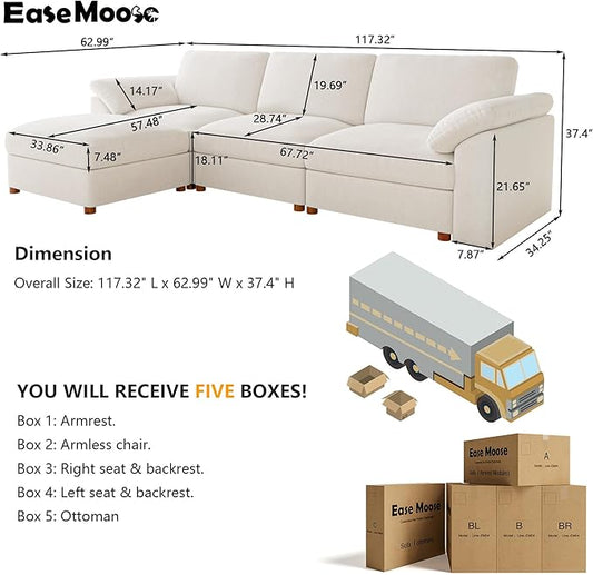 EASE MOOSE Sectional Modular Sofa,Oversized L Shape Sectional Couch Wide Deep seat Sectional Sofa,Comfortable White Modular Sofa