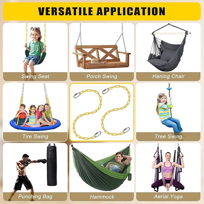 2Pcs 60" Heavy Duty Hanging Chains with Carabiners 1000 LBs Capacity Swing Chain with Hooks Porch Swing Chains Yellow Coated Chain for Hammock, Tree Swing, Hanging Chair, Heavy Bags, Swing Chair