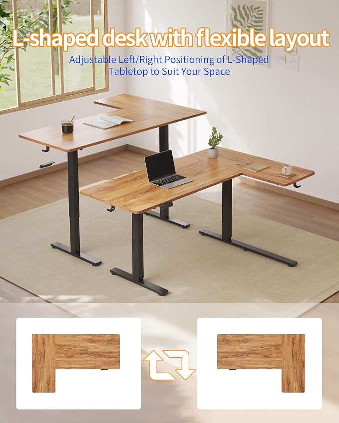 YIHAYO Reversiable L-Shaped Electric Standing Desk, 59 Inches Stand Up Corner Desk, Sit and Stand Up for Work Office Home, Ergonomic Rising Computer Table with Splice Board, Rustic Brown