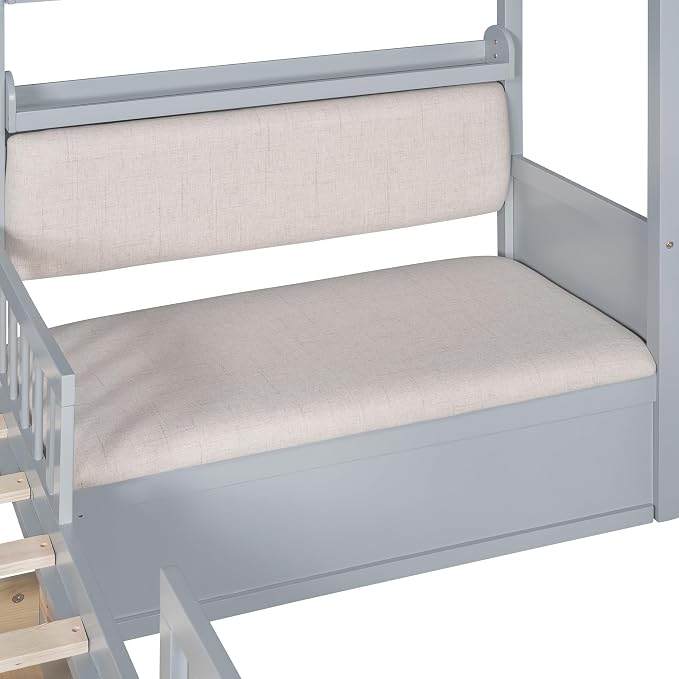 Merax Twin Size House Bed with Upholstered Sofa Seat, Grey Kids Platform Bed with Two Drawers and Storage Shelf, Wood Bed Frame