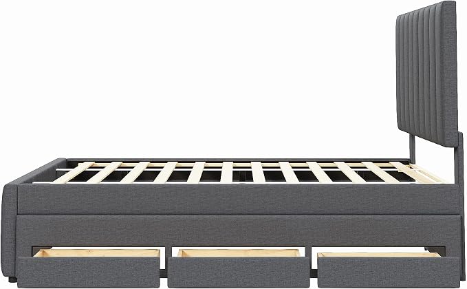 Bellemave Full Size Bed Frame with Twin Trundle Bed and Storage Drawers,Linen Upholstered Bed Frame,Full Size Trundle Bed with Adjustable Headboard for Kids Teens Adults,Gray