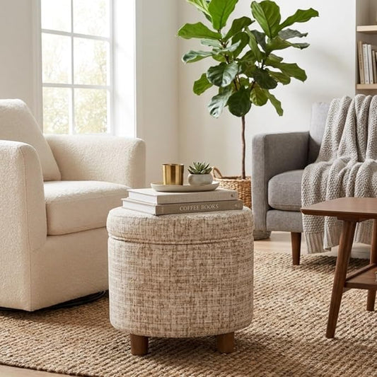 HomePop 19" Round Storage Ottoman - Cream Textural Woven
