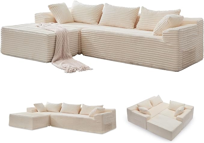 Korser 108" L-Shaped Modular Sectional Sofa with Chaise, Boneless Comfy Corduroy Fluffy Couch with Deep Seat and Side Pockets, Flexible Module Combination for Living Room, No Assembly, Side Pockets