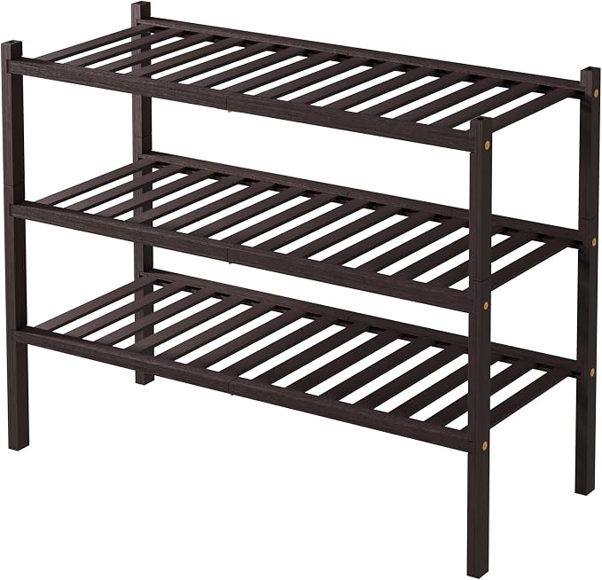 ROMGUAR CRAFT 3 Tier Bamboo Shoe Rack for Closet Free Standing Wood Shoe Shelf for Entryway Small Space Stackable 27"x11"x20" (Brown)