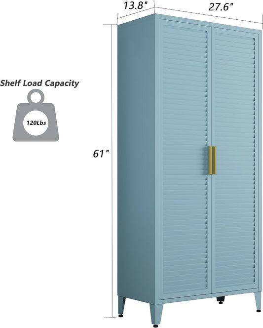 Blue Metal Storage Cabinet with Doors Pantry Cabinet with 3 Adjustable Shelves, 61" Tall Steel Kitchen Storage Locker for Kitchen Living Room Bedroom Home Bathroom