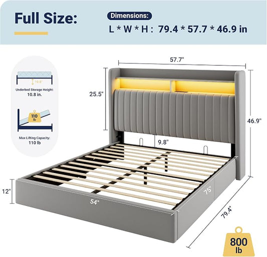 Allewie Full Size Lift Up Hydraulic Storage Bed Frame, 2-Tier Shelf Headboard with LED Lights and Charging Station, USB and Type C Ports, Wingback Velvet Headboard, No Box Spring Needed, Gray