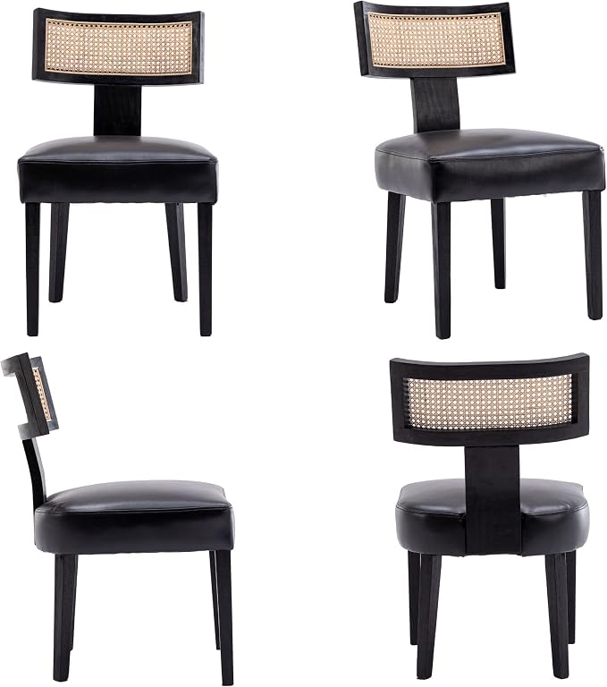 RIVOVA Rattan Dining Chairs Set of 4, Modern PU Leather Upholstered Kitchen Chairs, Wooden Dining Room Chair Farmhouse Dinner Chair, Black
