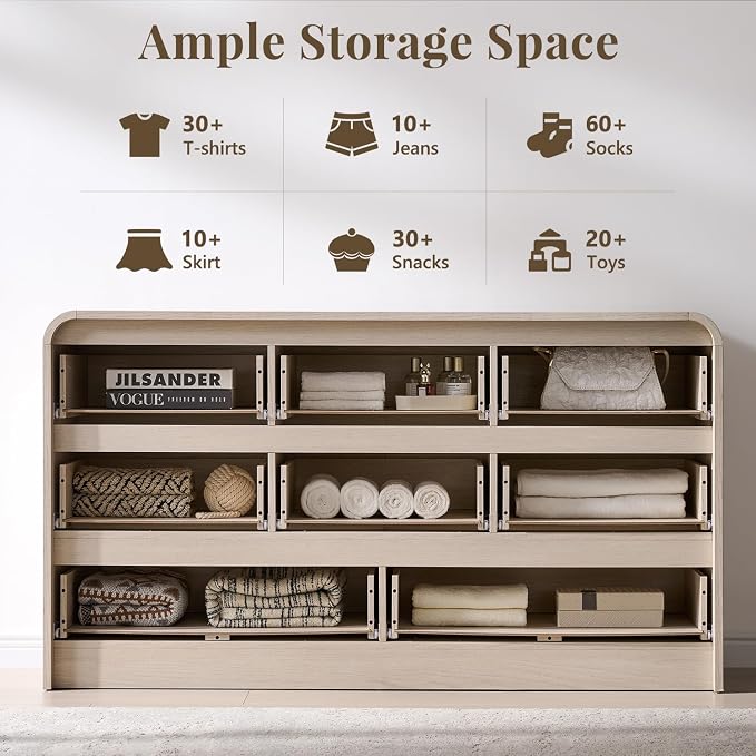 Aitjunz Modern 8 Drawers Dresser for Bedroom, 55" Wide Wood Dressers, Cream | Wooden Dressers & Chest of Drawers with Curved Profile Design, Mid Century Storage Dressers Organizer with Handleless Design