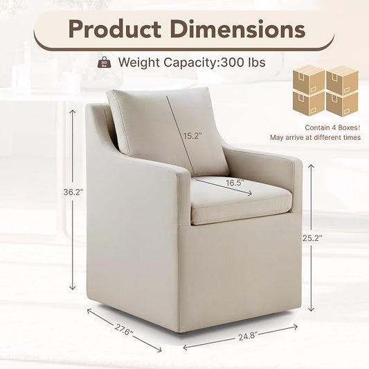 KISLOT Upholstered Dining Chairs Set of 4, Modern Dining Room Chairs with Casters & Washable Cover, Rolling Accent Chair with Hidden Storage for Kitchen, Farmhouse, Living Room, Flax Beige, 4 Box