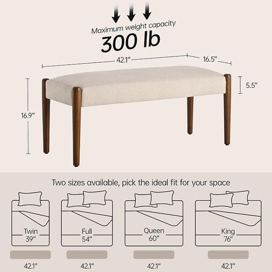 Usaint 42" End of Bed Bench, Modern Upholstered Bedroom Bench with Rubberwood Legs, Entryway Bench with Cushion, Dining Bench for Living Room, Bedroom, Beige with Walnut Leg