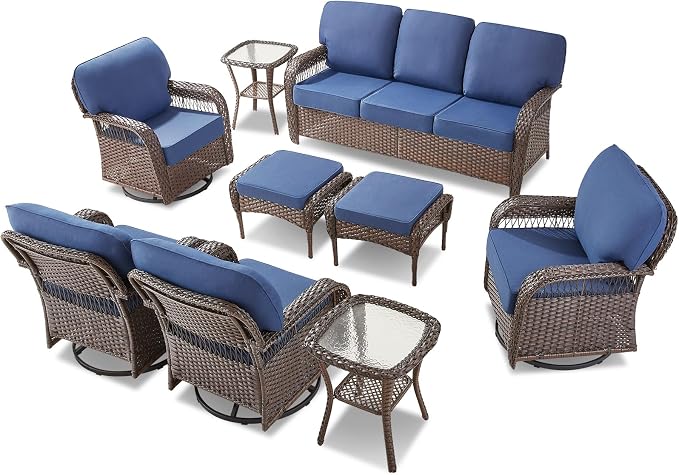 Belord Patio Wicker Swivel Rocker Patio Chairs with 3-Seater Sofa, Outdoor Rattan Chairs for Deck Porch Poolside, 9 Piece Patio Conversation Furniture Set,Blue