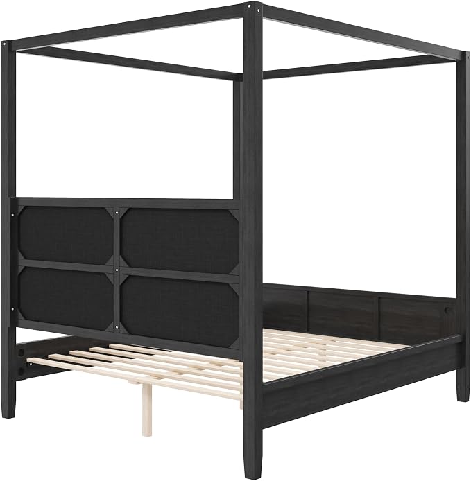 Merax King Size Canopy Bed with Upholstered Headboard, Wooden Platform Bed Frame with 4-Posters, Solid Wood Slat Support, No Box Spring Needed