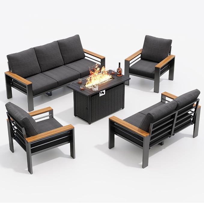 Aoxun Patio Furniture Set, Aluminum Patio Set with Fire Pit Table and 5" Thicken & Washable Cushion, Waterproof Outdoor Furniture, Outdoor Couch Sectional for Backyard (7 Seats/F, Dark Grey)