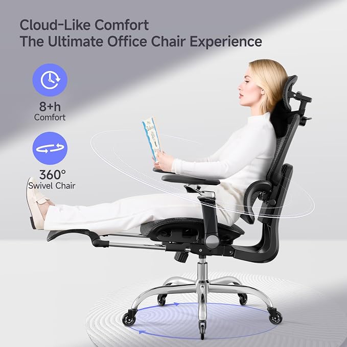 Office Chair with Footrest, Ergonomic Chair with 3D Headrest, Computer Chair with Adjustable Backrest & 6D Armrest, Gaming Chair with Adaptive Lumbar Support, Adjustable Seat Depth, Black