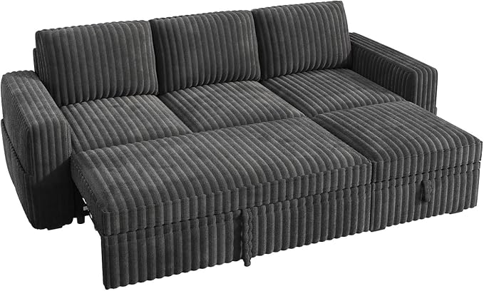 HONBAY Modular Sectional Sofa with Pull Out Bed,Corduroy L Shaped Sleeper Sofa with Storage, Sectional Couches for Living Room,Dark Grey