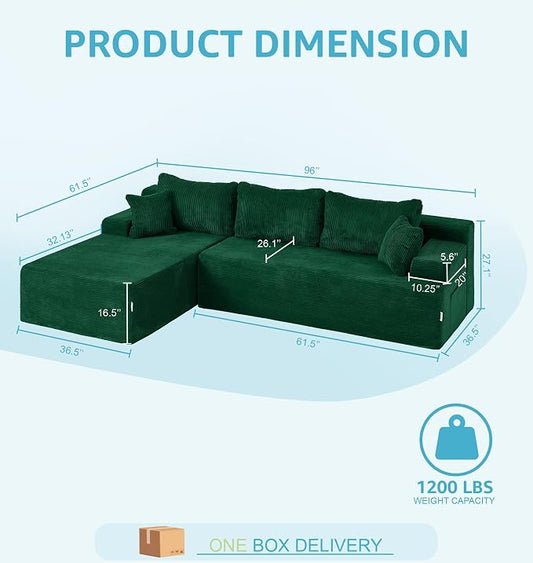 Hobestluk Modular Sectional Sofa Couches L-Shape Couch 3 Seat Modular Sofa Memory Foam Sectional Couches for Living Room, Cloud Couch with Oversized Chaise (Green Corduroy, 96", Left Hand Facing)