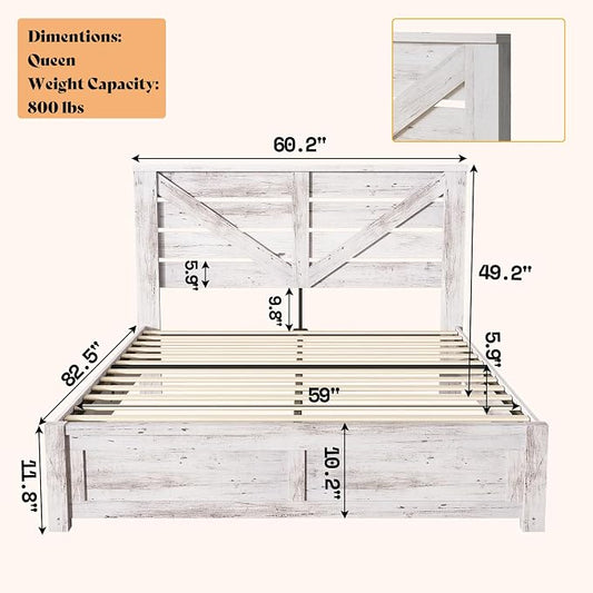 AMERLIFE Queen Size Bed Frame with 49.2" Barn Door Headboard and Footboard, Farmhouse Platform Bed Frame with Wood Slats, No Box Spring Needed, Under Bed Storage, Distressed White
