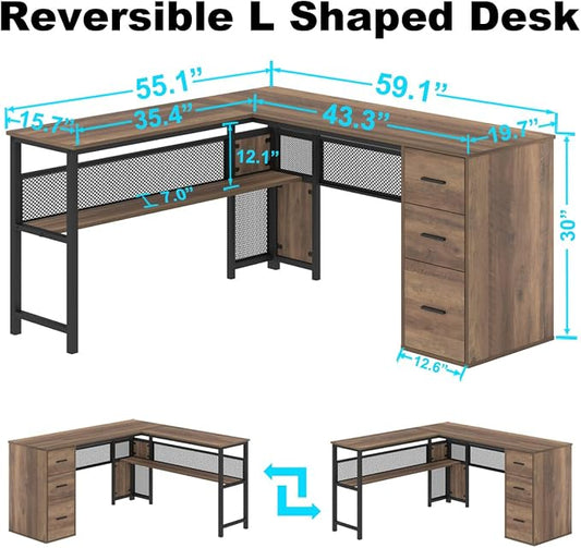 LVB Wood L Shaped Desk, Large Computer Office Desk with File Cabinets, Reversible Executive L Shape Gaming Desk with Drawers, Metal Wooden Corner Desk Table with with Storage Shelf, Rustic Oak 59 Inch