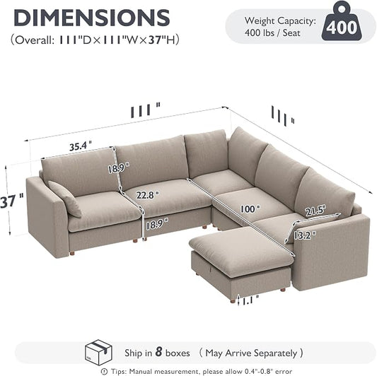 Ihanherry 111" Oversized Modular Sectional Sofa, Modern V Shaped Cloud Couch with Storage Ottoman, 6-Seat Comfy Chenille Deep Seat Sofa with 2 Pillows for Living Room, Khaki