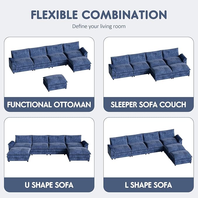 Homall 159" Modular Sectional Sofa, Loveseat Sofa Couch with Double-Layer Cushion, DIY Combination Chenille Deep 2-Seat Cloud Couch for Living Room (Dark Blue, U Shaped Sofa)