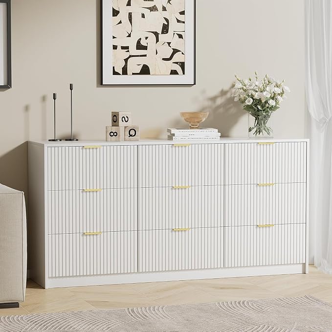 Furniway 9 Drawer White Dresser for Bedroom, 63" Modern Fluted Dresser with Gold Handles and Smooth Slides, Wide Chest of Drawers for Closet, Living Room, Hallway