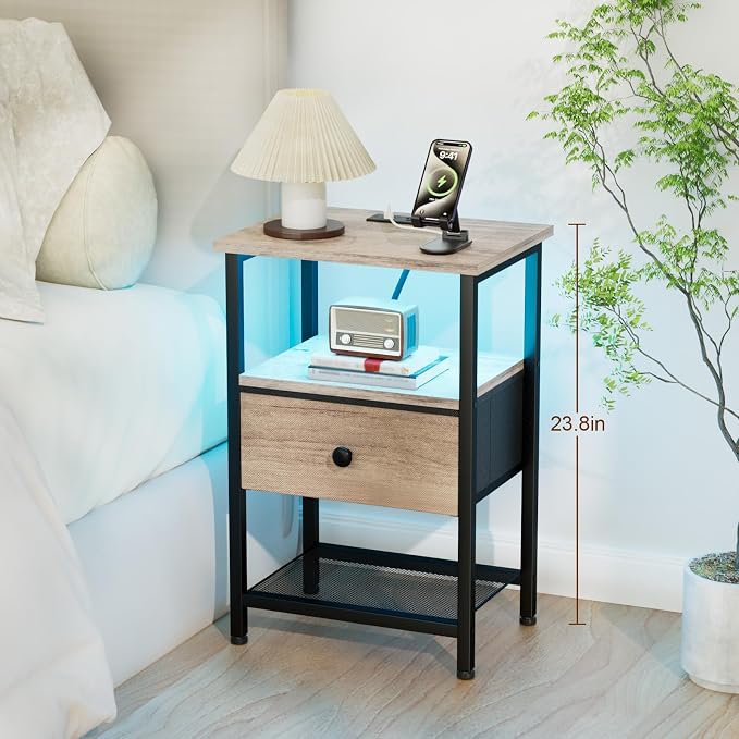 LOAKEKEL Nightstand with Charging Station, End Table with Fabric Drawer, LED Night Stand for Bedroom, Small Bed Side Table with USB Ports and Outlets, Grey, HETS01GY-1