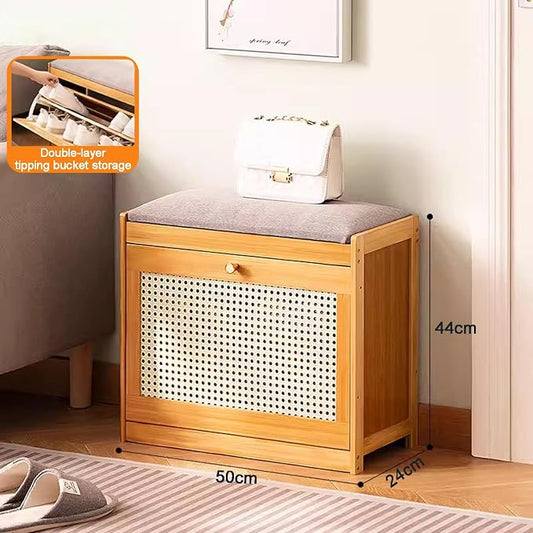 Entryway Storage Bench with Cushioned Seat Shoe Rack, 2-Tier Wooden Shoe Organizer Cabinet for Closet, Entryway, Hallway, Bedroom