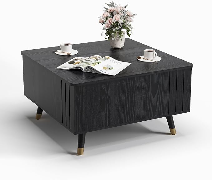Lift Top Coffee Table with Storage, 32" Black Center Table for Living Room, Square Dinning Table with Solid Wood Legs