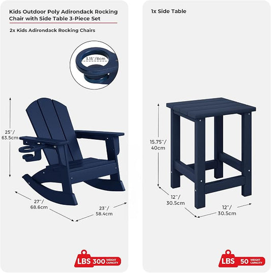 Costaelm Paradise 3-Piece Kids Table and Chairs Set with Toddler Rocking Chairs and Cup Holders, Navy Blue