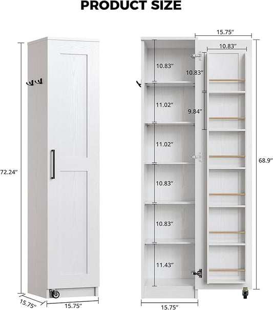 IRONCK Narrow Kitchen Pantry Storage Cabinet, 72" Slim Single Door with 6 Adjustable Shelves, Door Rack and Wheels, Space Saving Freestanding Storage Floor Cabinet for Small Place, White