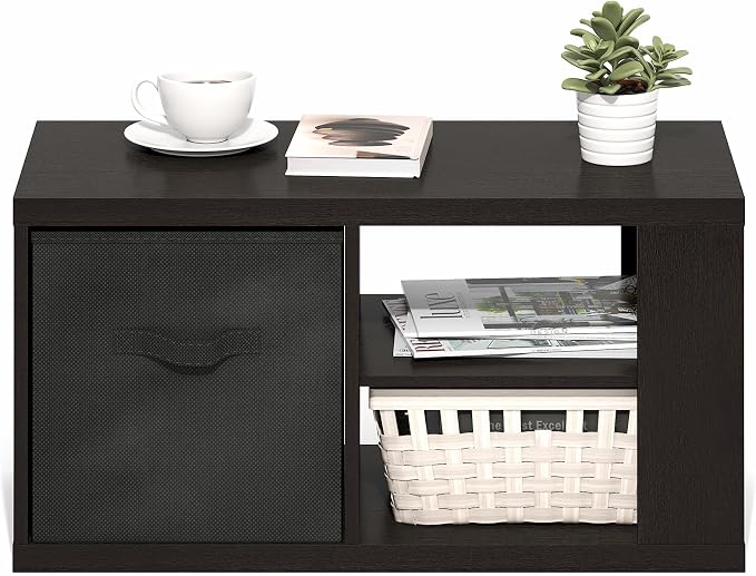 Furinno Viola Coffee Table, 3-Tier Modern Center Table with 1.2 Thick Tabletop, Side Table with Open Shelf and Storage Bin, for Living Room, Bedroom, Home Office, Black Dark Oak