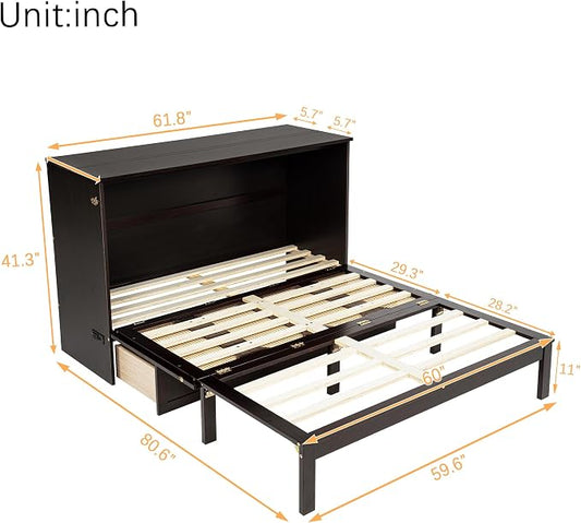 PVWIIK Queen Size Murphy Bed Cabinet with Power Station & Large Drawer for Bedroom,Pine Wood Folding Chest Bed with Rattan Panel, Space-Saving Wall Bed, Espresso