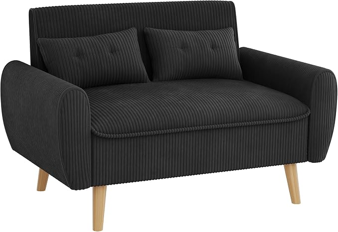 Shintenchi 48'' Loveseat Sofa, Mid-Century Modern Upholstered Couch Deep Seat with 2 Pillows, 10" Thick Cushion with Spring, Solid Wood Frame Small Couch for Living Room, Dorms & Office, Black