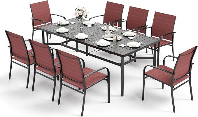 HERA'S HOUSE 9 Pieces Patio Dining Set, Outdoor Metal Table and Chairs Set for 8, 83" Rectangular Table with Umbrella Hole, 8 x Textilane Patio Dining Chairs for Lawn Garden Backyard Deck