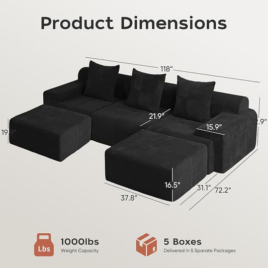 118" Sectional Boneless Oversize Modular Couches, Curved Cloud Sectional Sofa for Living Room, Corduroy U Shape Deep Seat Sofa with 2 Ottomans & 3 Throw Pillows, No Assembly Required,Black