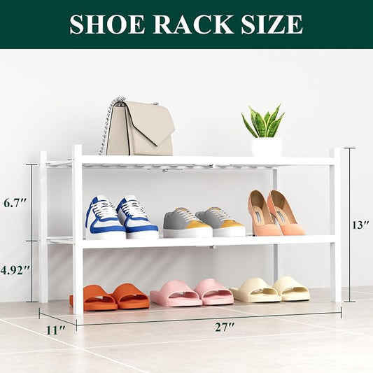 Smiry Bamboo Shoe Rack, 2 Tier Free Standing Wooden Shoe Organizer, Stackable Wood Shoe Storage Shelf for Closet, Entryway, 14 Vertical Slats, One-piece Heavy-Duty Legs, 26.8"x11"x13", White